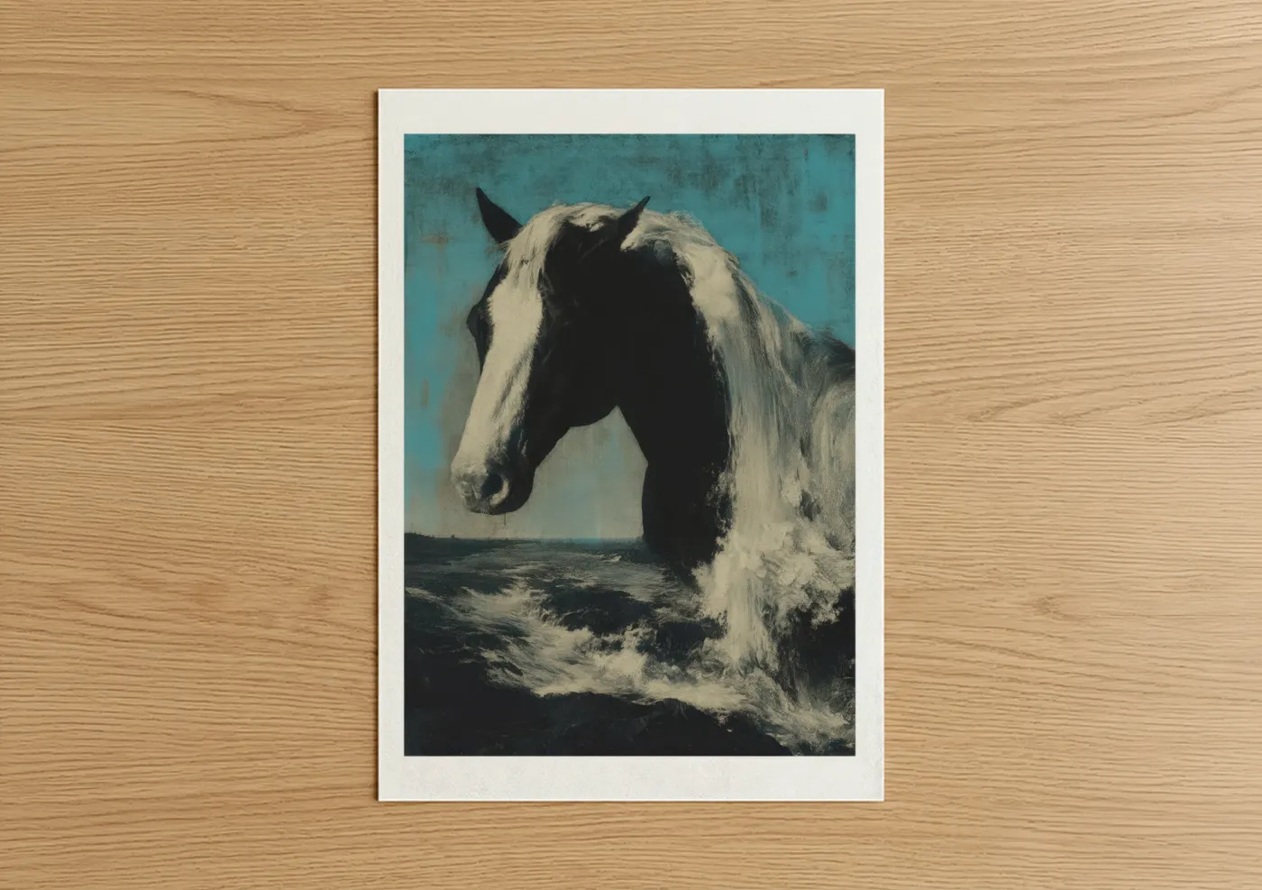 Art print on warm oak wood — teal and black and white palette — Coastal Quarter Horse poster