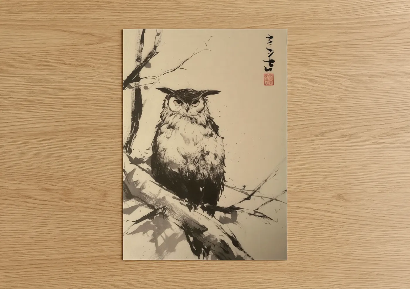 Art print on warm oak wood — black and white and cream palette — Perched Owl poster