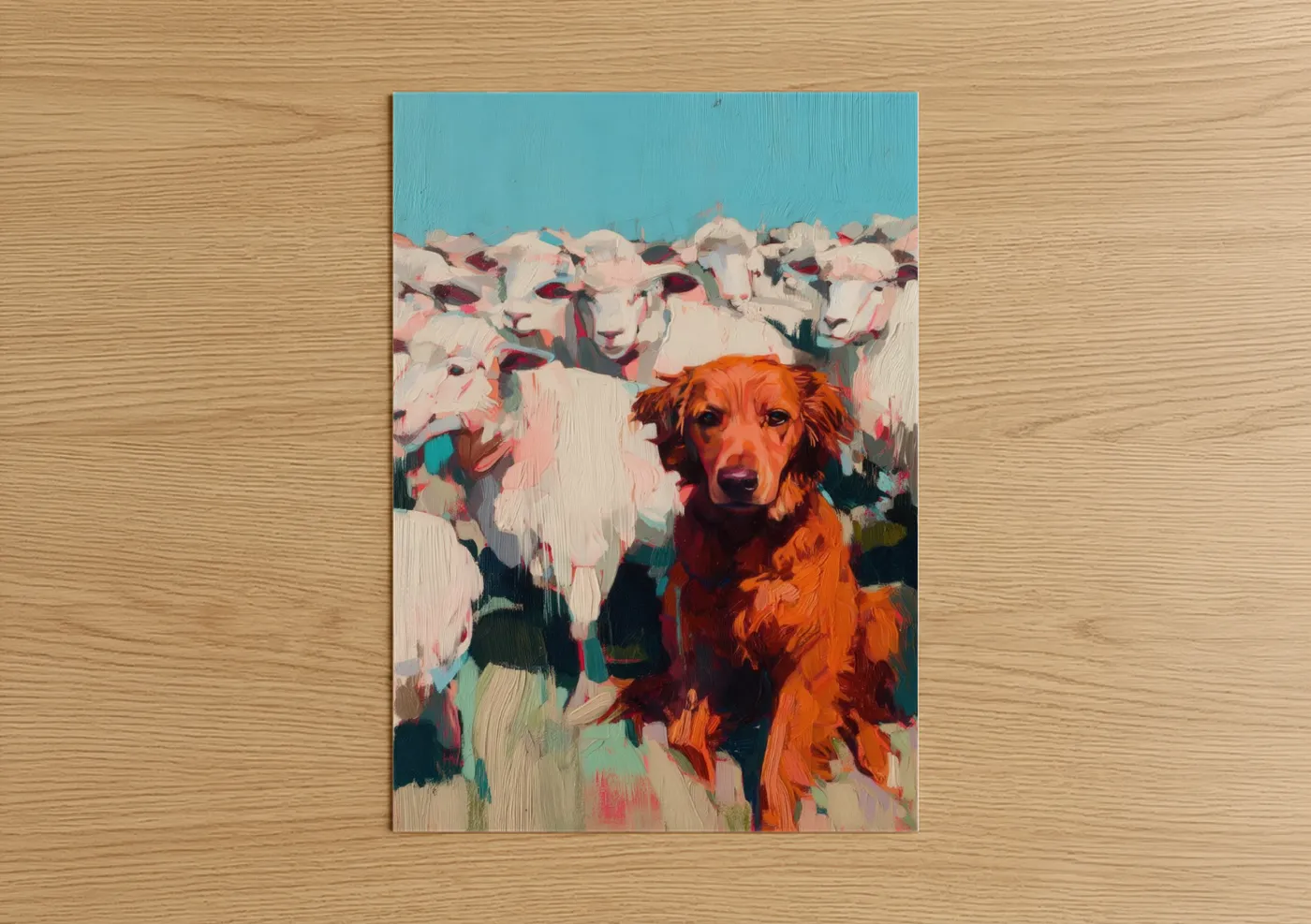 Shepherd dogs and collies art print on warm oak wood — orange and blue and white palette — Shepherd Among Sheep poster