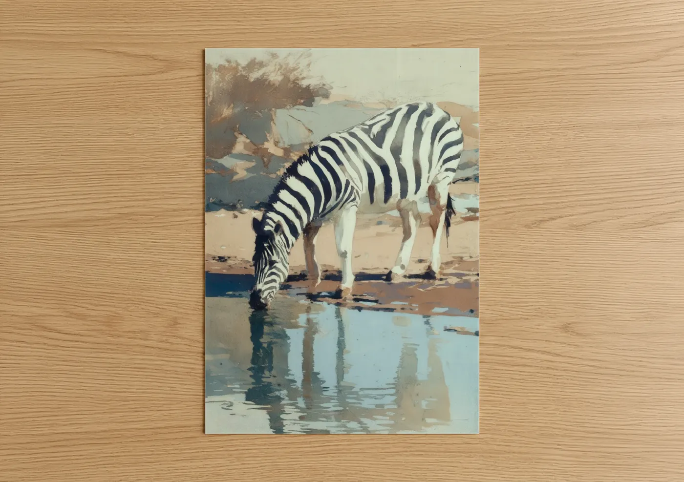Art print on warm oak wood — beige and blue palette — Watering Zebra poster