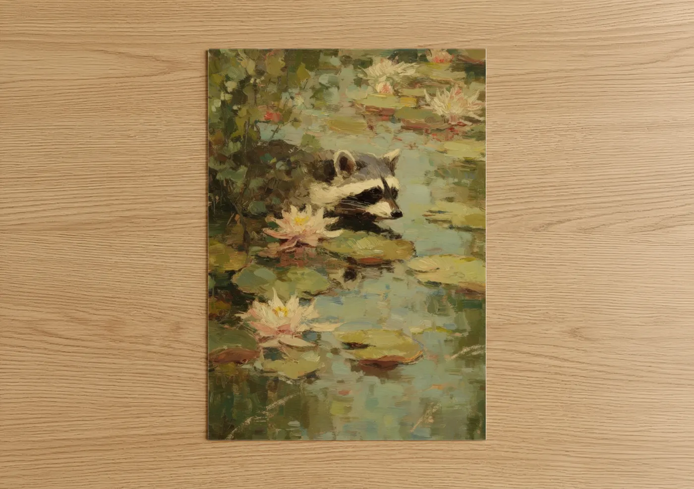 Raccoon Water Lilies Impressionist Wall Art