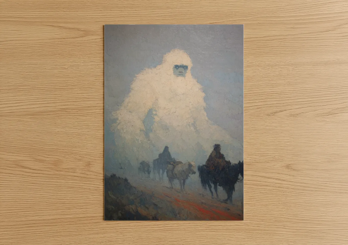 Art print on warm oak wood — white and gray palette — Misty Yeti poster