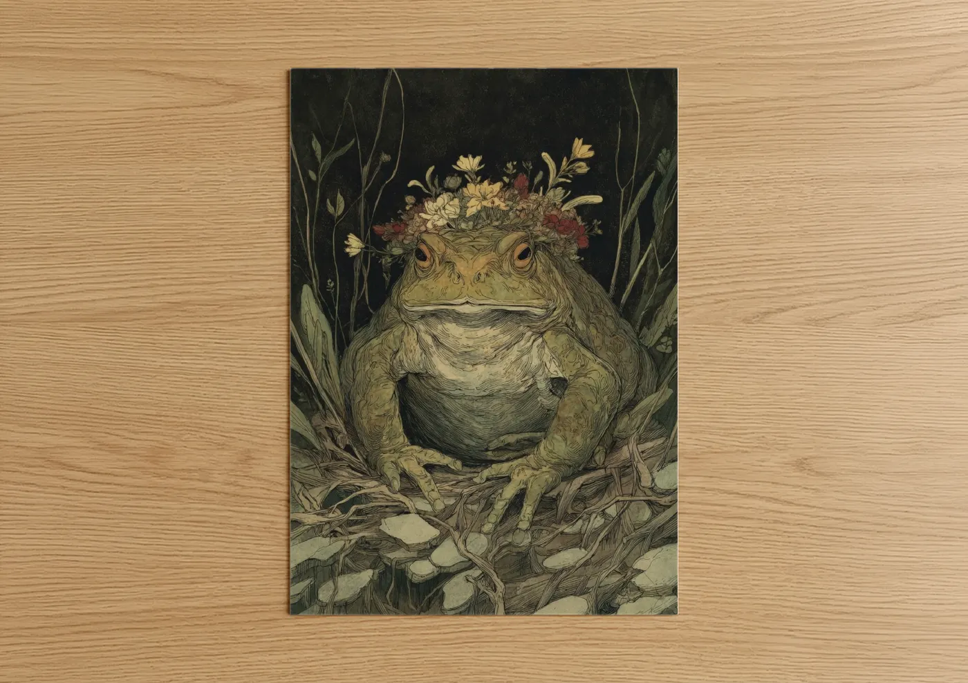 Crowned Toad with Flower Wreath Illustration Wall Art
