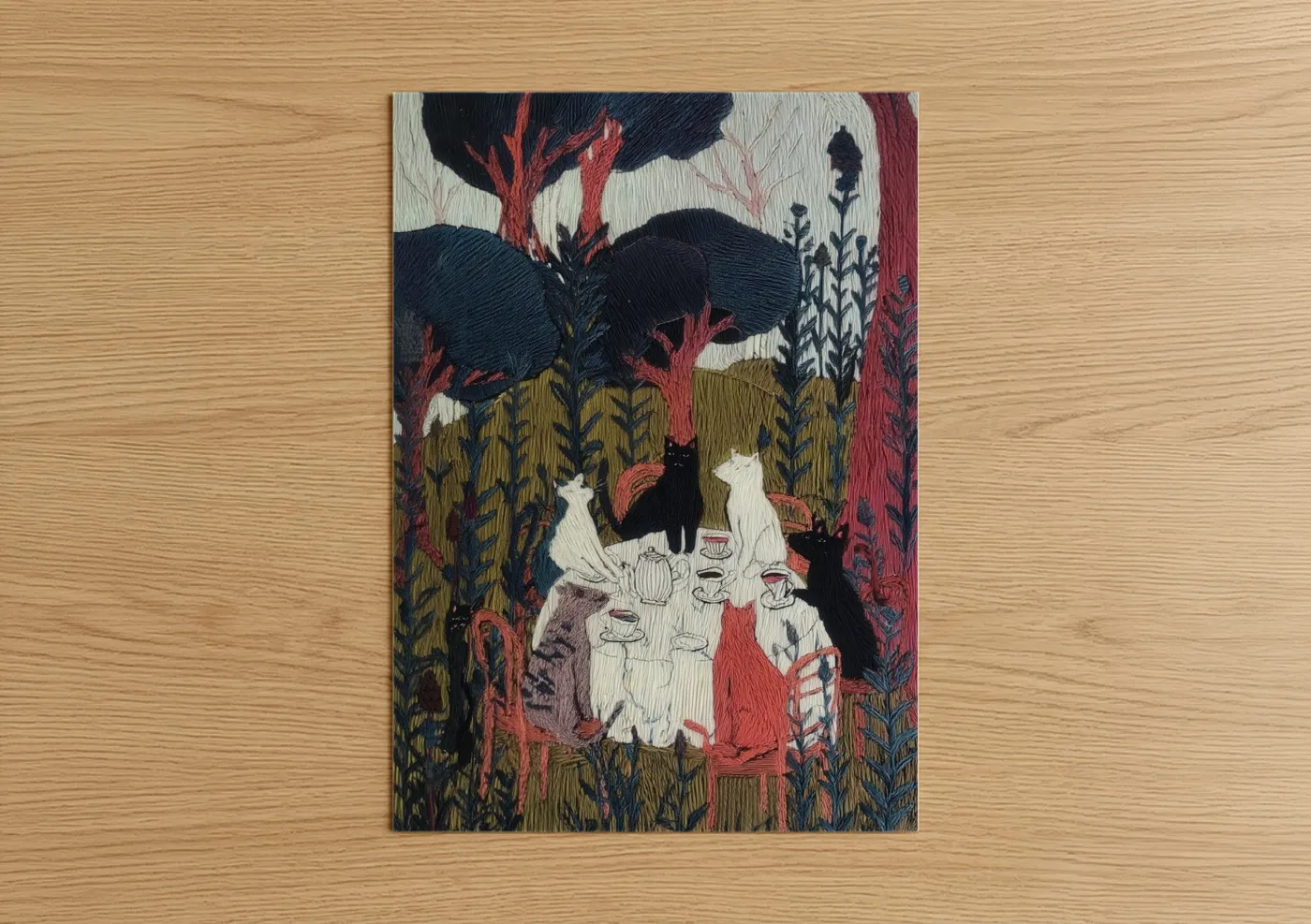 Art print on warm oak wood — black and gold and maroon palette — Enchanted Garden Cats poster