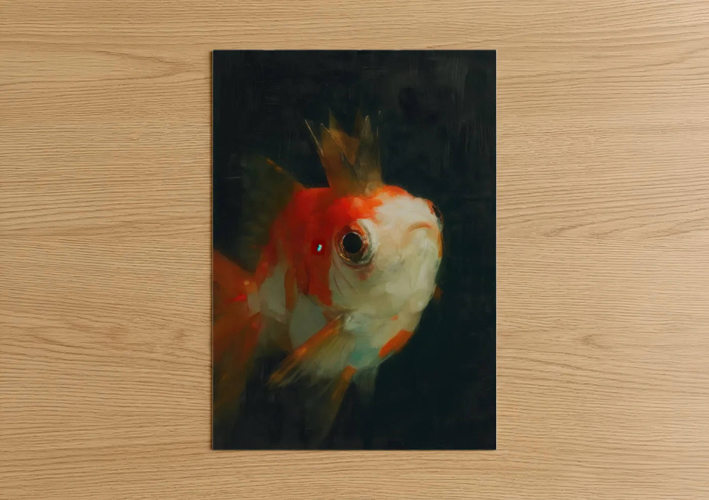 Art print on warm oak wood — red and black palette — Crimson Zebrafish poster