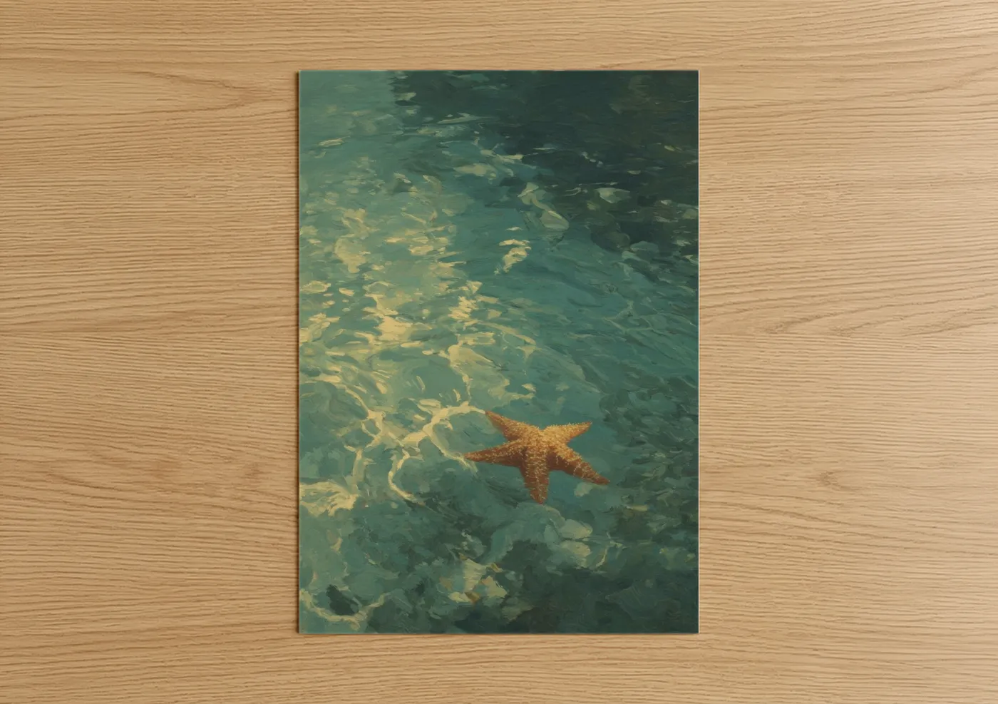 Art print on warm oak wood — teal and gold palette — Shallow Water Starfish poster