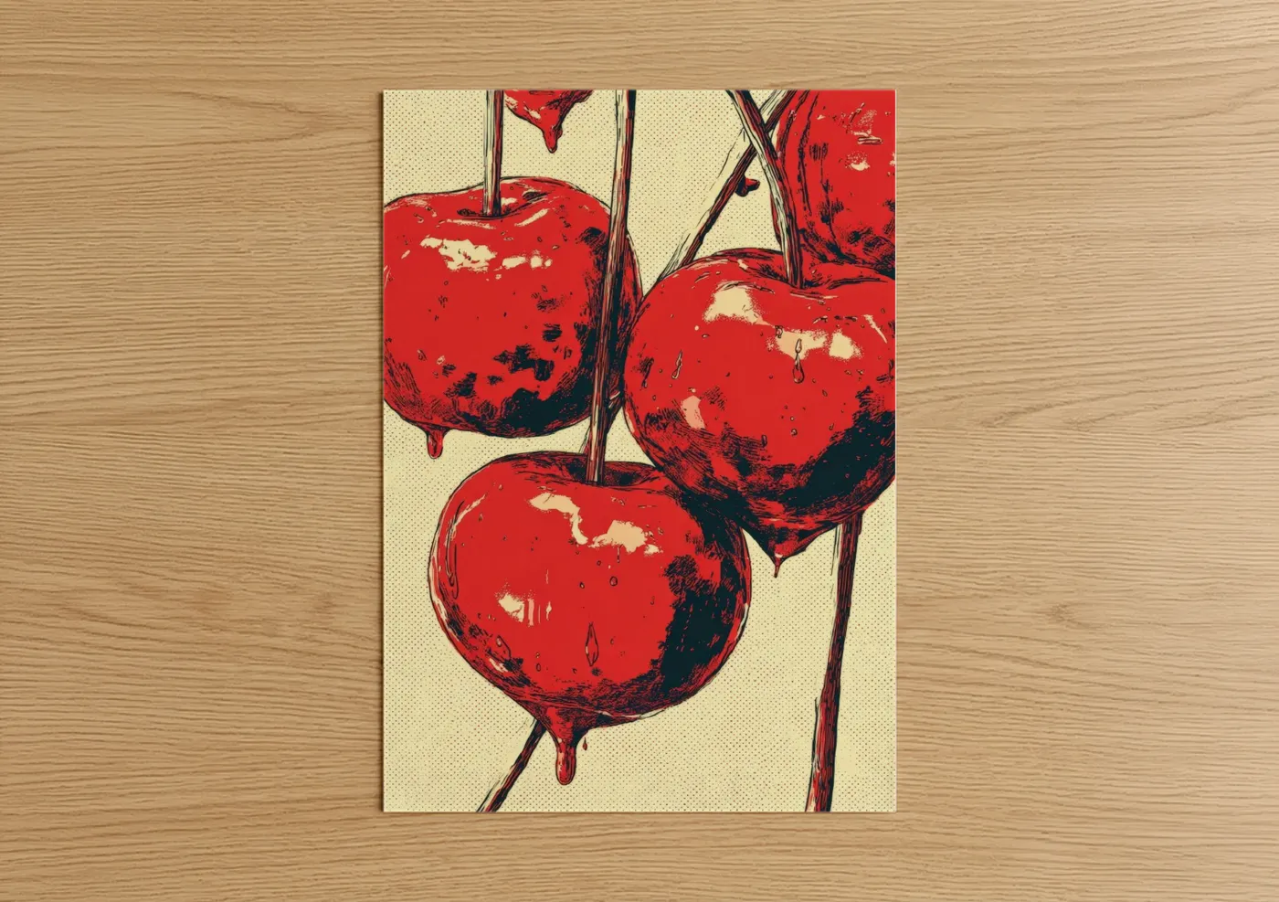 Sweet art print on warm oak wood — red and cream palette — Crimson Cherries poster