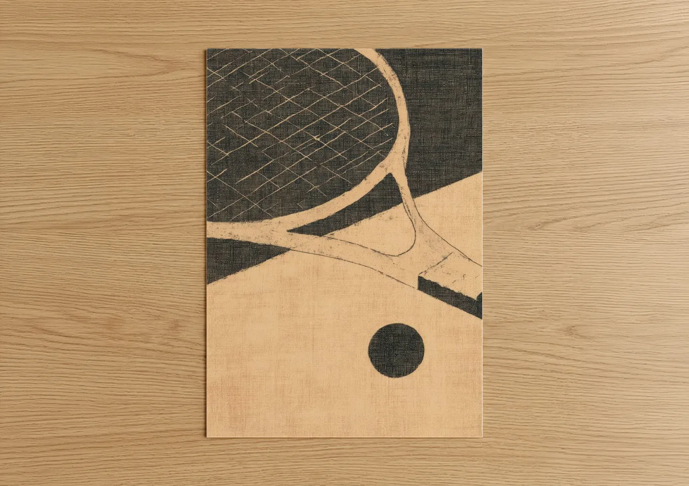 Art print on warm oak wood — cream and black palette — Vintage Racquetball poster