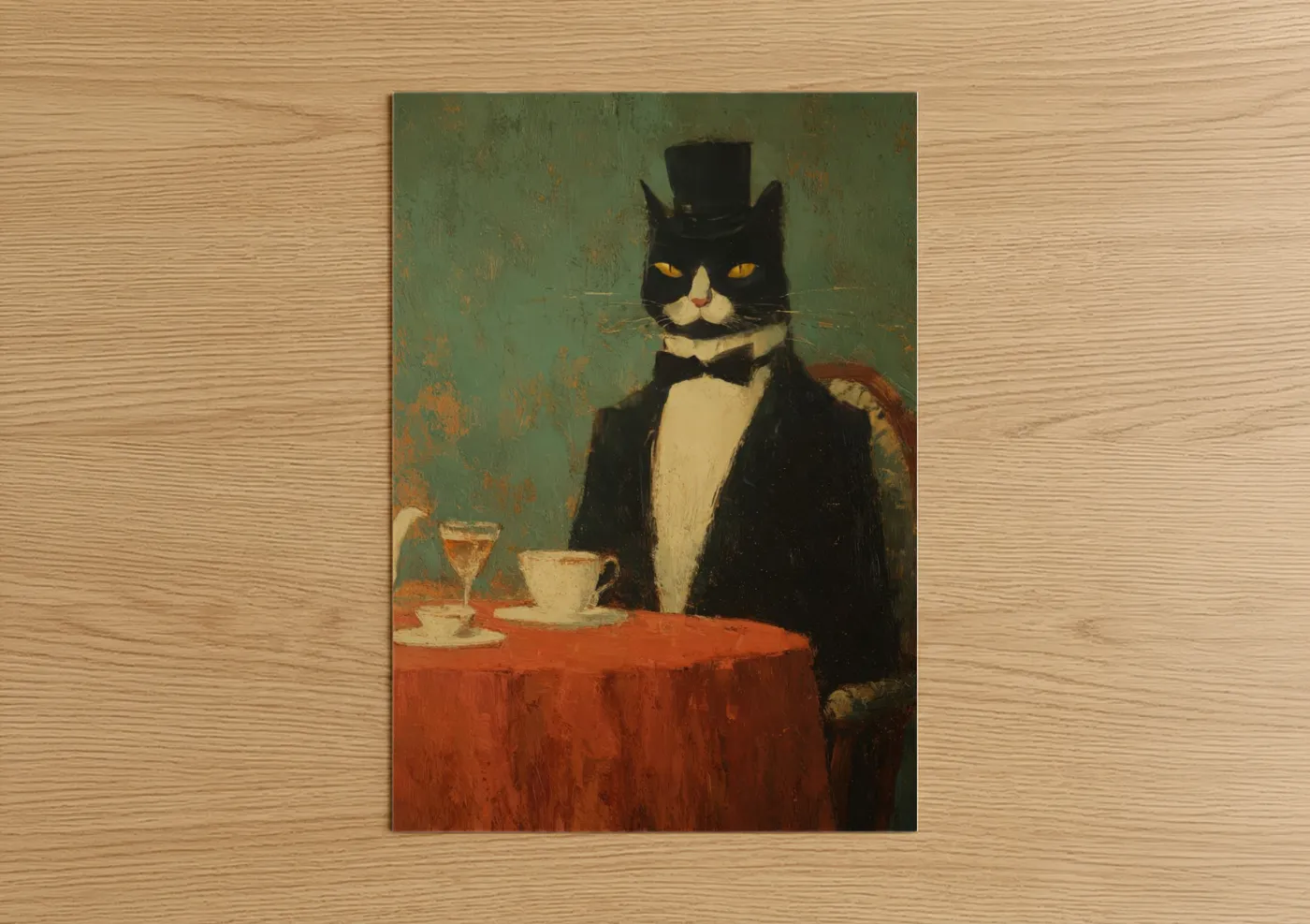 Vintage fashion art print on warm oak wood — sage green palette — Dapper Tuxedo Cat poster