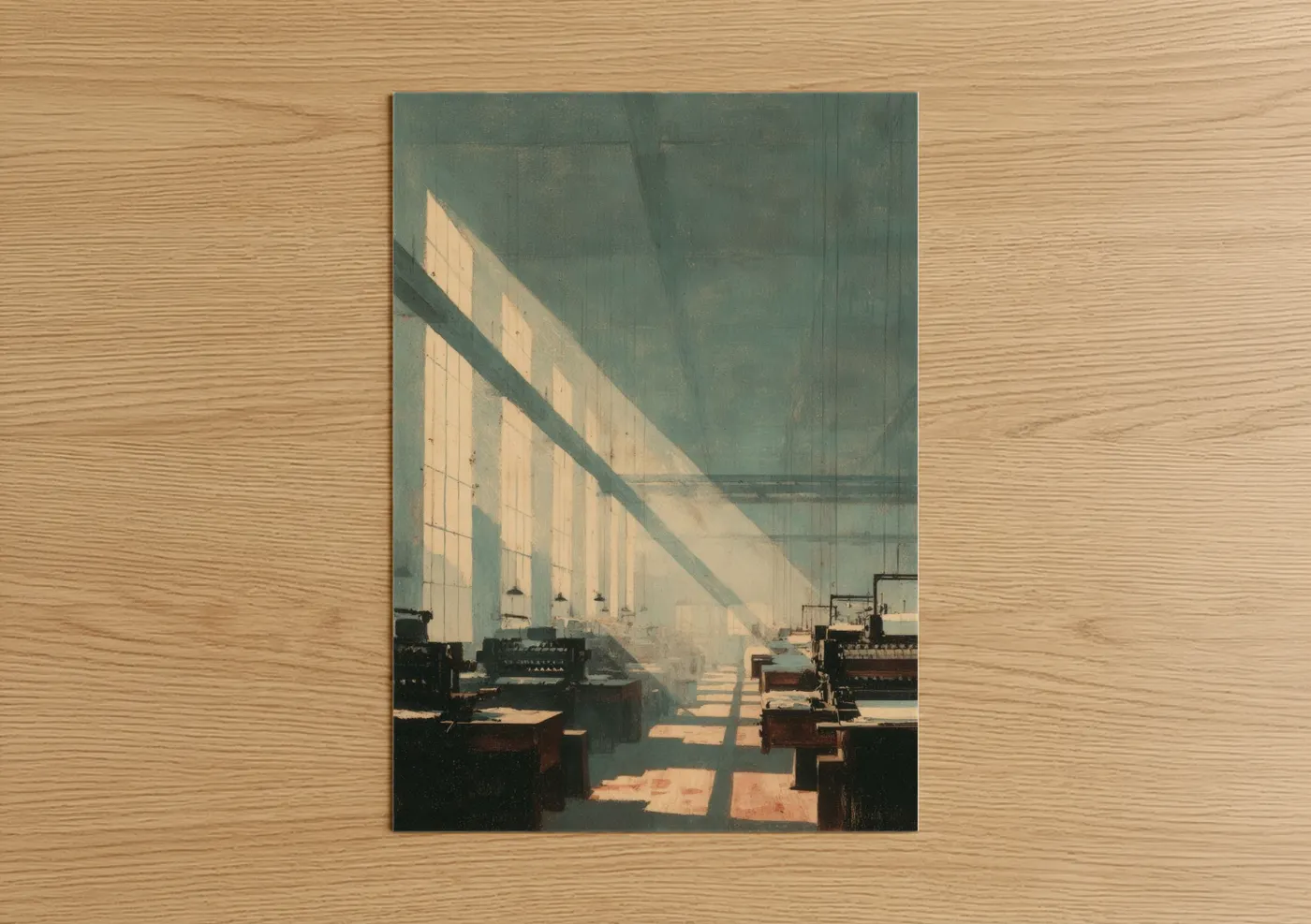Factory art print on warm oak wood — blue and cream palette — Industrial Sunlight poster