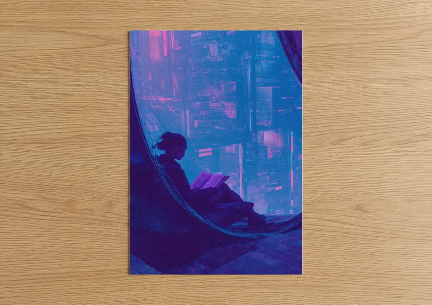 Reading art print on warm oak wood — blue and magenta palette — Neon Reader poster