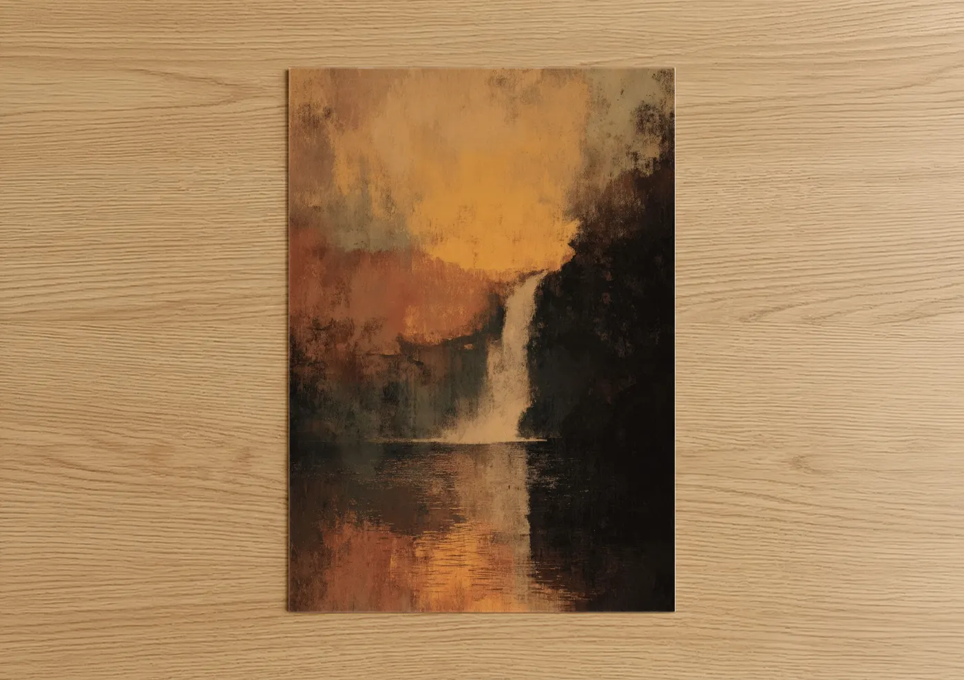 Art print on warm oak wood — gold and russet palette — Golden Waterfall poster