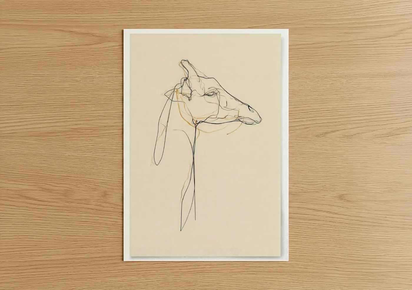 Art print on warm oak wood — cream and gold palette — Minimalist Giraffe poster