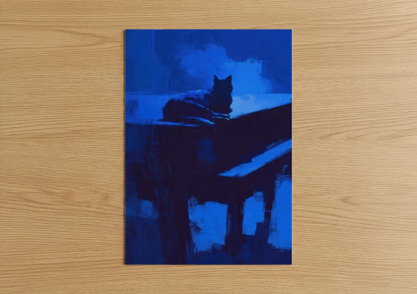Art print on warm oak wood — blue and black and blue palette — Midnight Piano Cat poster