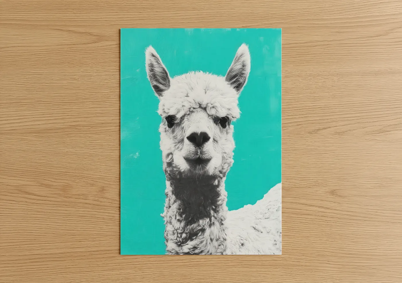 Art print on warm oak wood — turquoise and white palette — Turquoise Alpaca poster