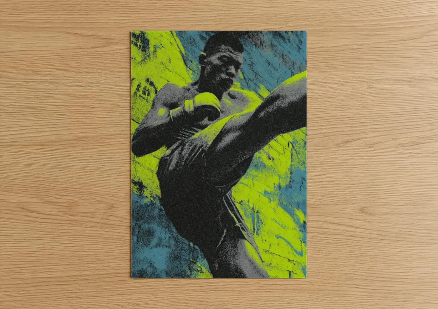 Kick boxing art print on warm oak wood — yellow and teal palette — Neon Kick Boxer poster