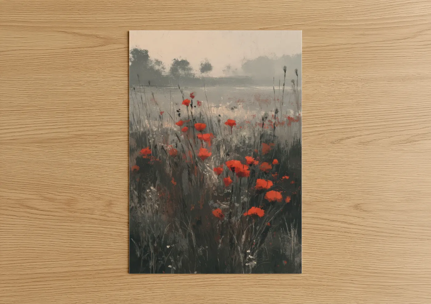 Poppies art print on warm oak wood — red and gray palette — Misty Poppy Field poster
