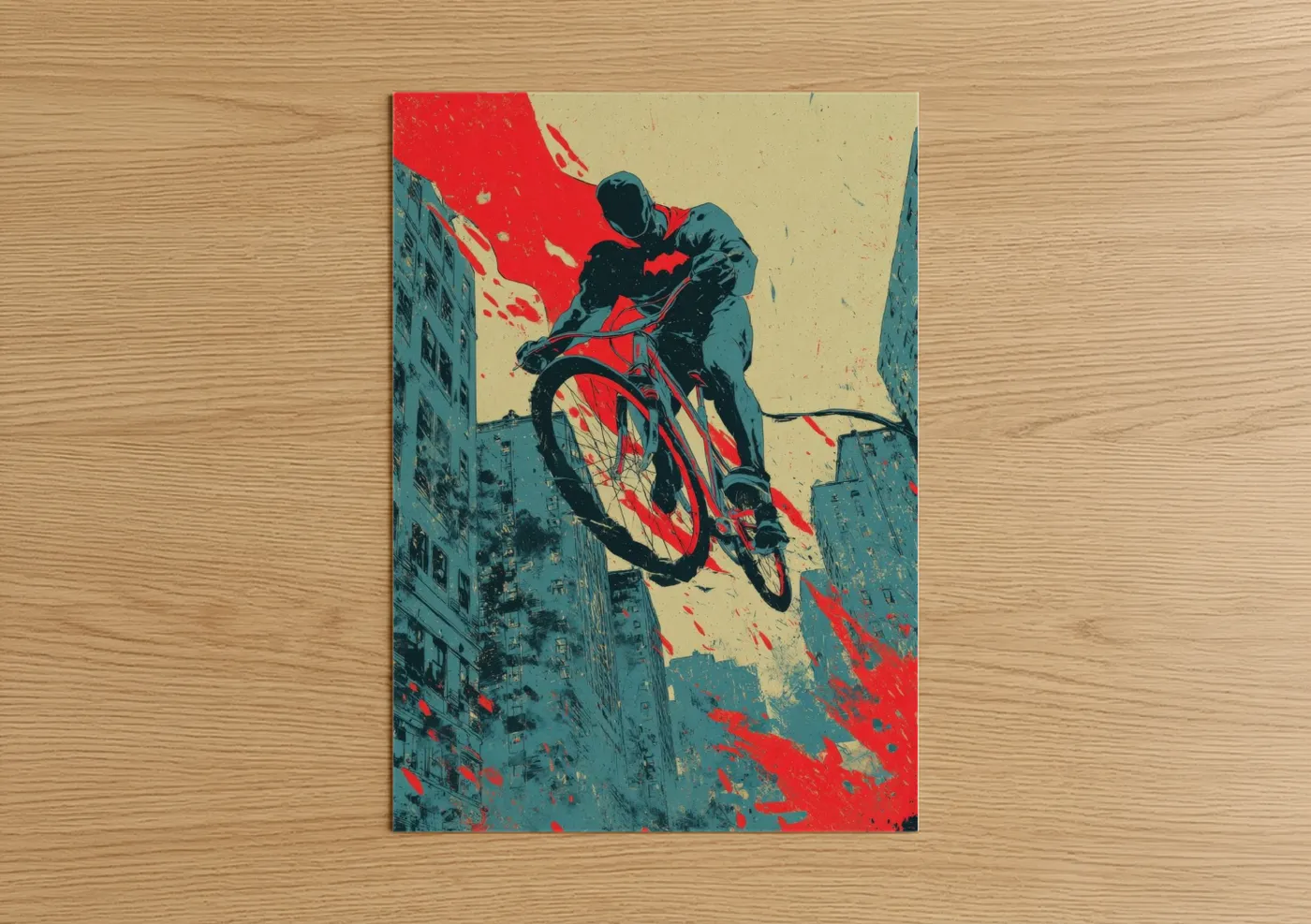 Urban bicycle art print on warm oak wood — red and dark blue palette — Urban Cyclist Leap poster