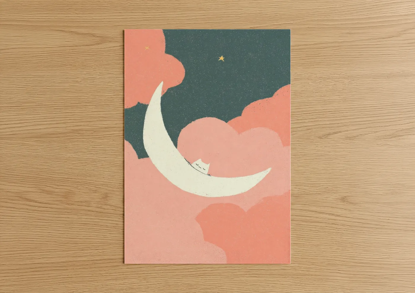 Sleeping Cat Moon Night Sky Illustration Wall Art