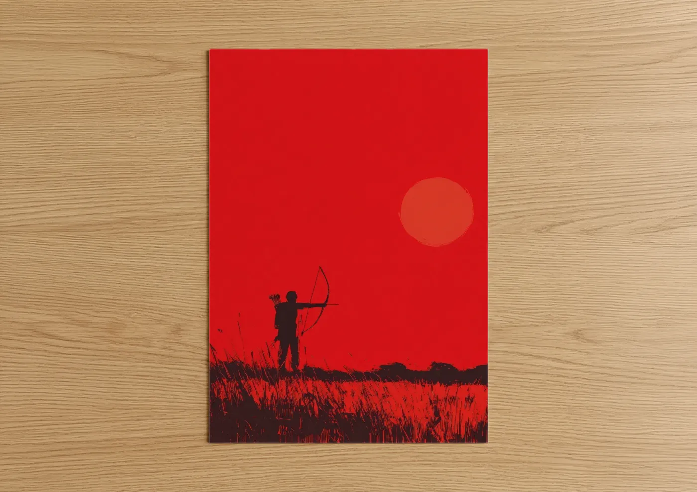 Archery art print on warm oak wood — red and black palette — Sunset Archer poster