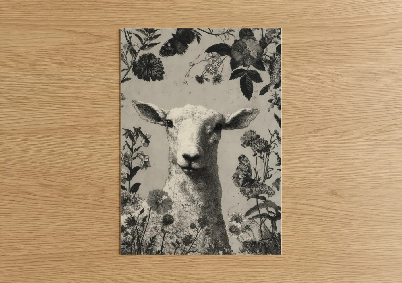 Botanical Sheep Black and White Illustration Wall Art