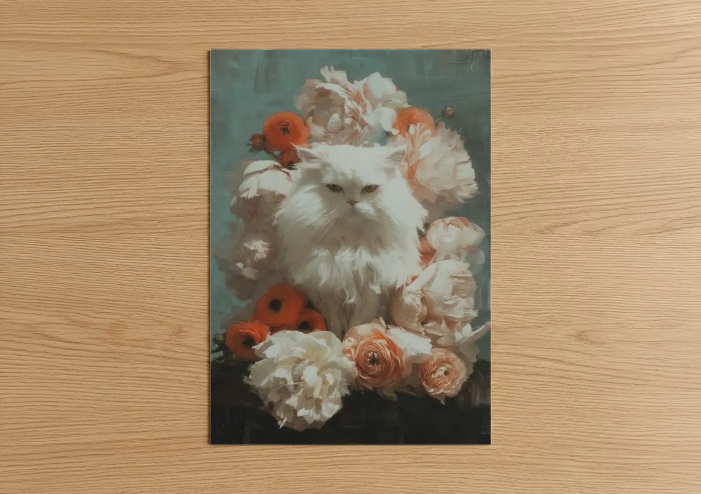 White Cat with Peach Flowers Portrait Wall Art