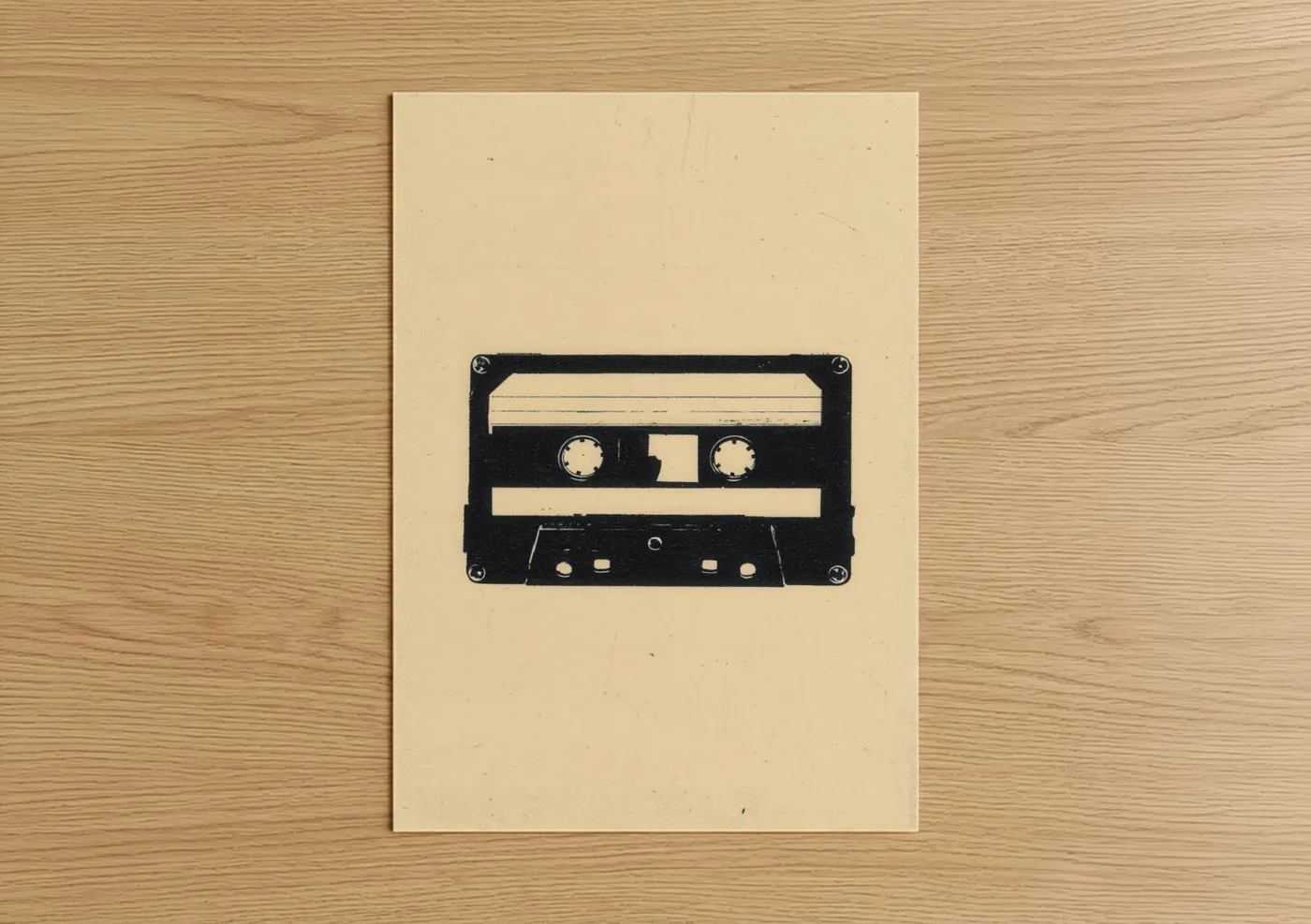 Casette art print on warm oak wood — black and white and cream palette — Vintage Cassette poster