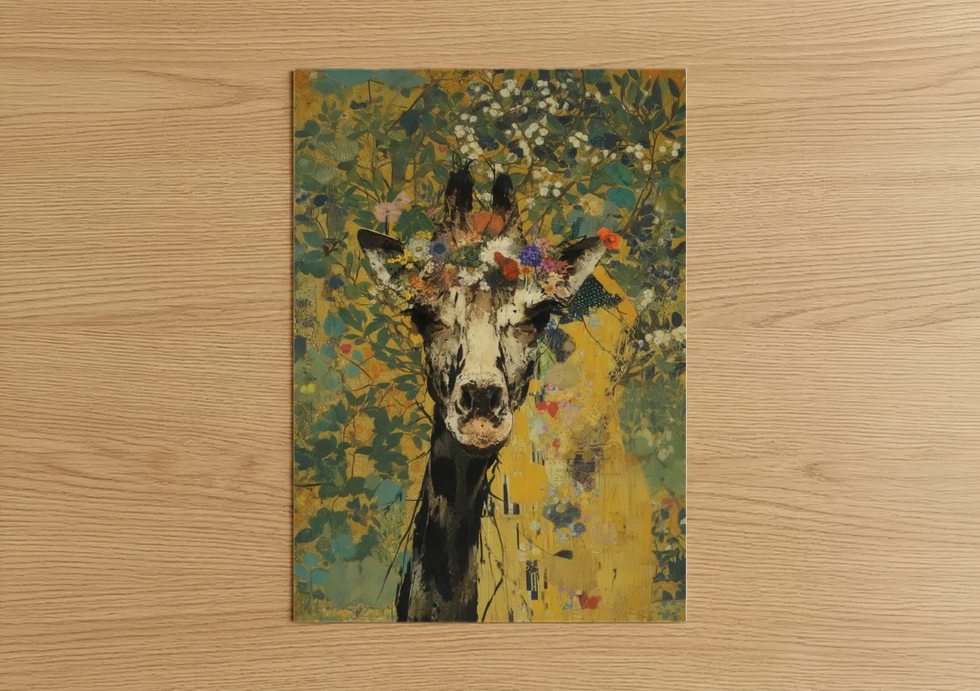 Art print on warm oak wood — gold and teal palette — Floral Giraffe poster