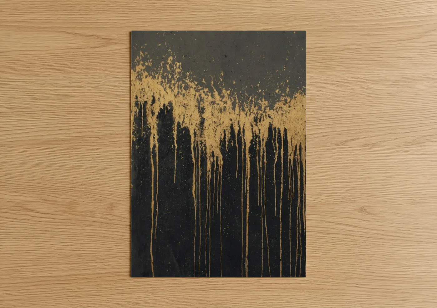 Art print on warm oak wood — black and gold palette — Golden Drip Pottery poster
