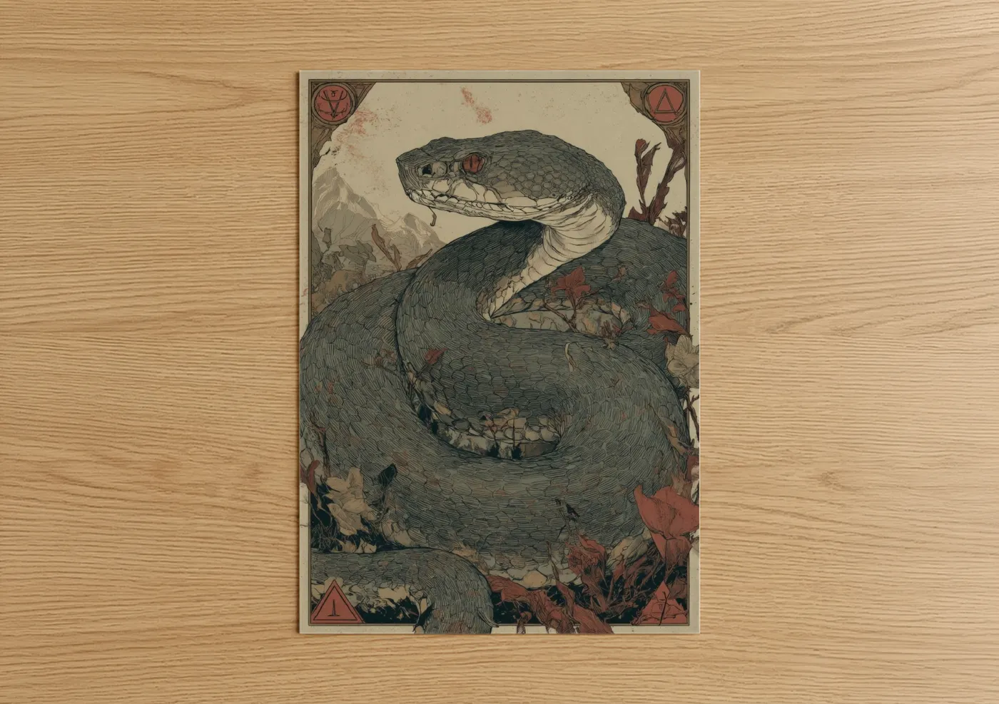 Art print on warm oak wood — dark green and cream palette — Coiled Rattlesnake poster