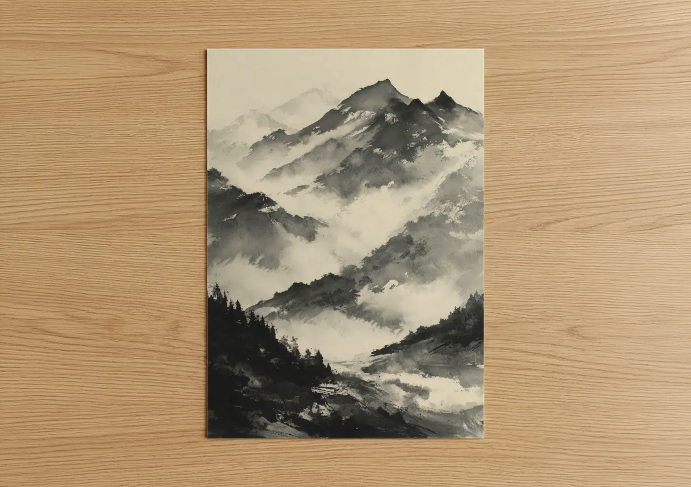 Mount everest art print on warm oak wood — black and white and gray palette — Misty Everest poster