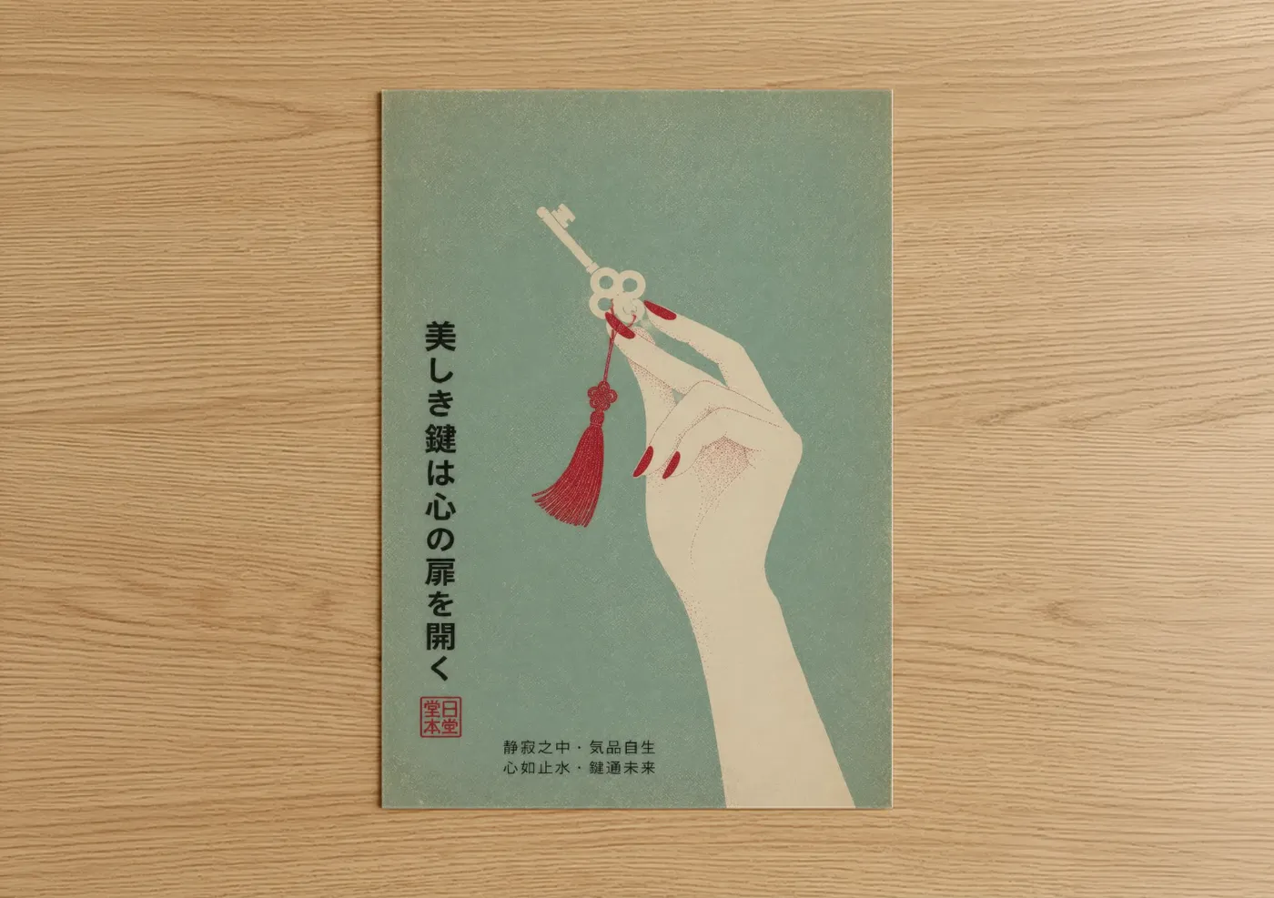 Nail art print on warm oak wood — sage green and cream palette — Vintage Japanese Key Hand Wall Art poster