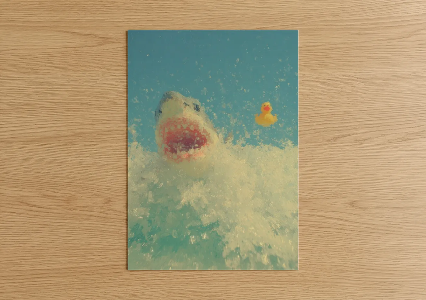 Bull shark art print on warm oak wood — teal and cream palette — Playful Shark Bath poster