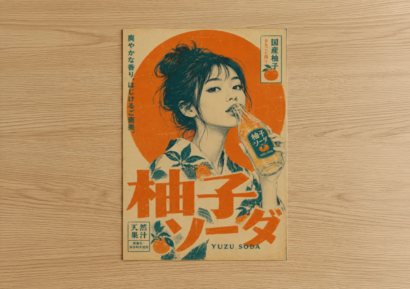 Vintage japanese ads art print on warm oak wood — orange and beige palette — Vintage Japanese Yuzu Soda Advertisement Wall Art poster