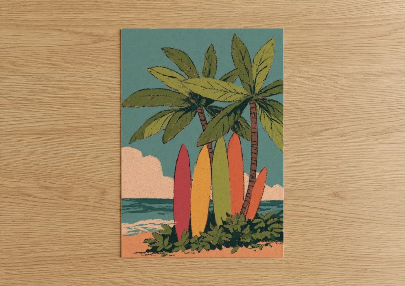 Tropical Surfboard Palm Beach Illustration Wall Art