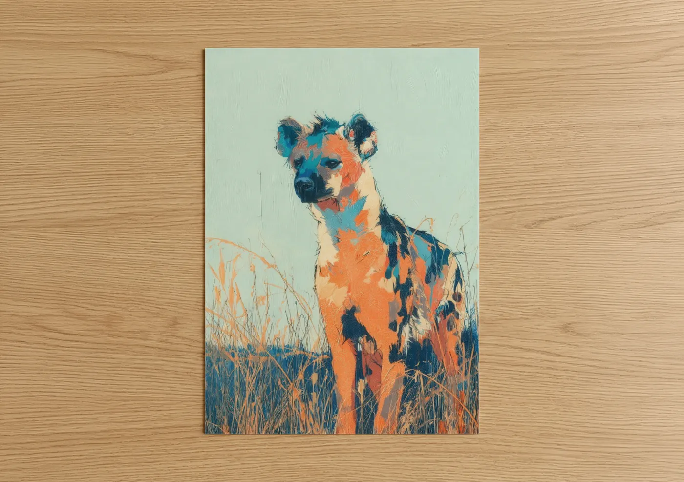 Art print on warm oak wood — orange and blue palette — Savanna Hyena poster