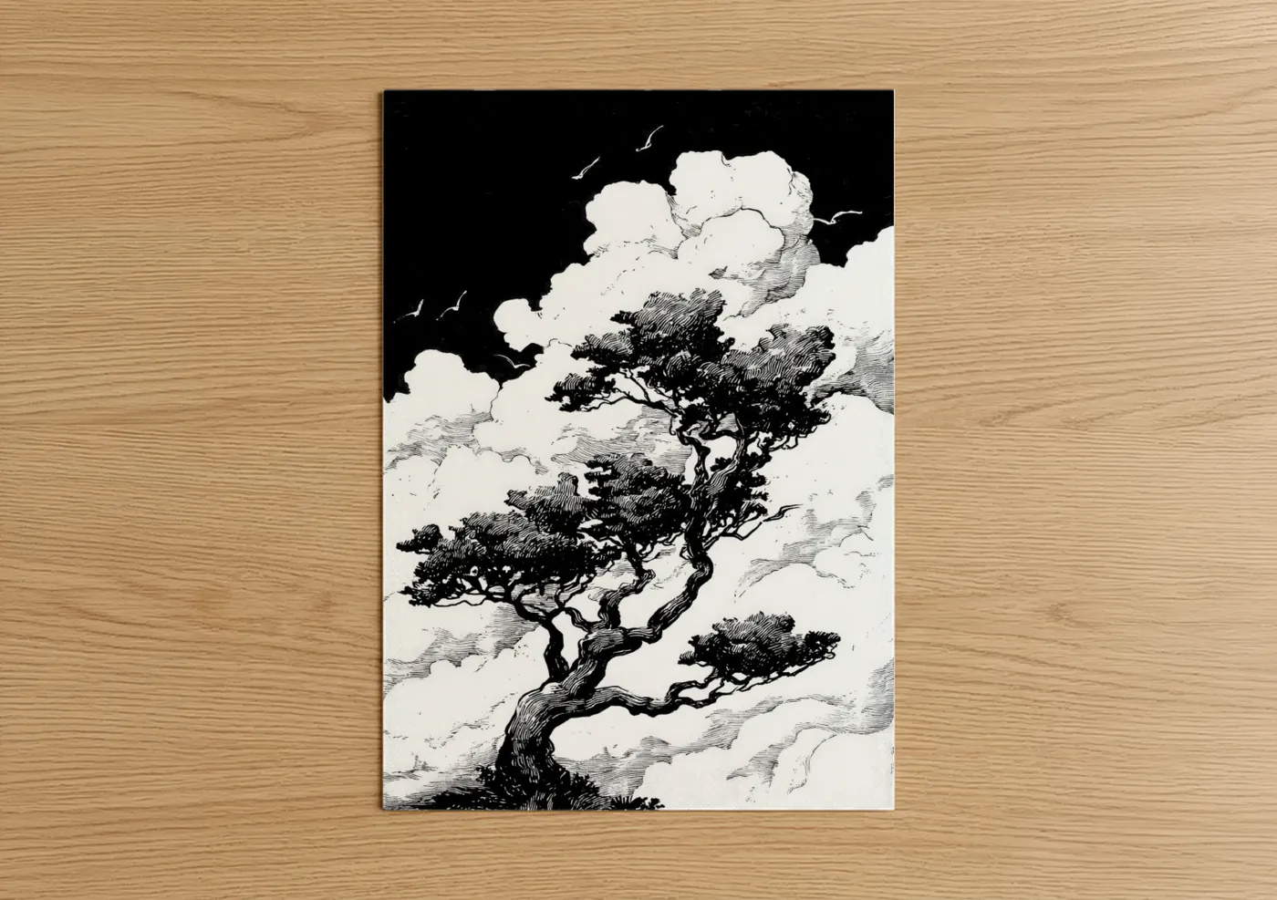 Kauri tree art print on warm oak wood — black and white palette — Windswept Kauri poster