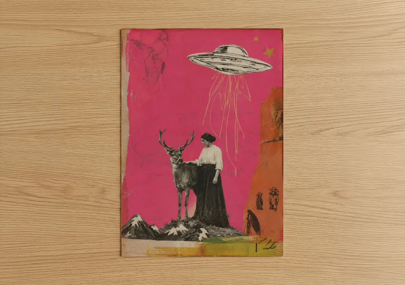 Art print on warm oak wood — pink and gold palette — Vintage UFO Deer Surreal Wall Art poster