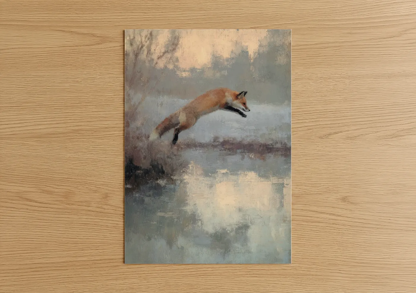 Art print on warm oak wood — gray and cream palette — Leaping Fox poster