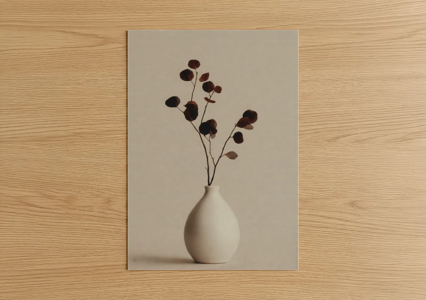 Art print on warm oak wood — cream and black palette — Minimalist Pottery poster