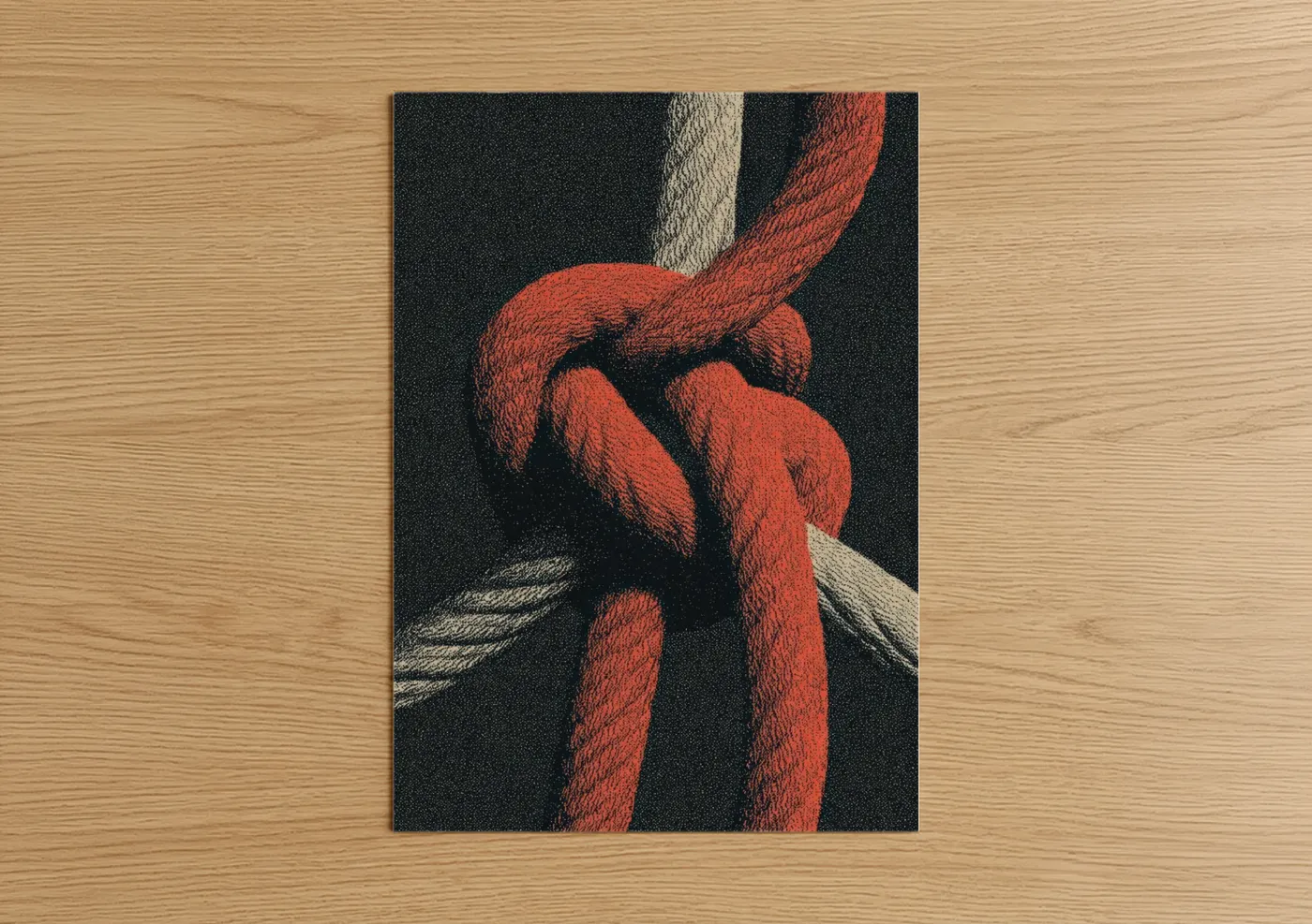 Rope knots art print on warm oak wood — red and black and white palette — Crimson Rope Knot poster
