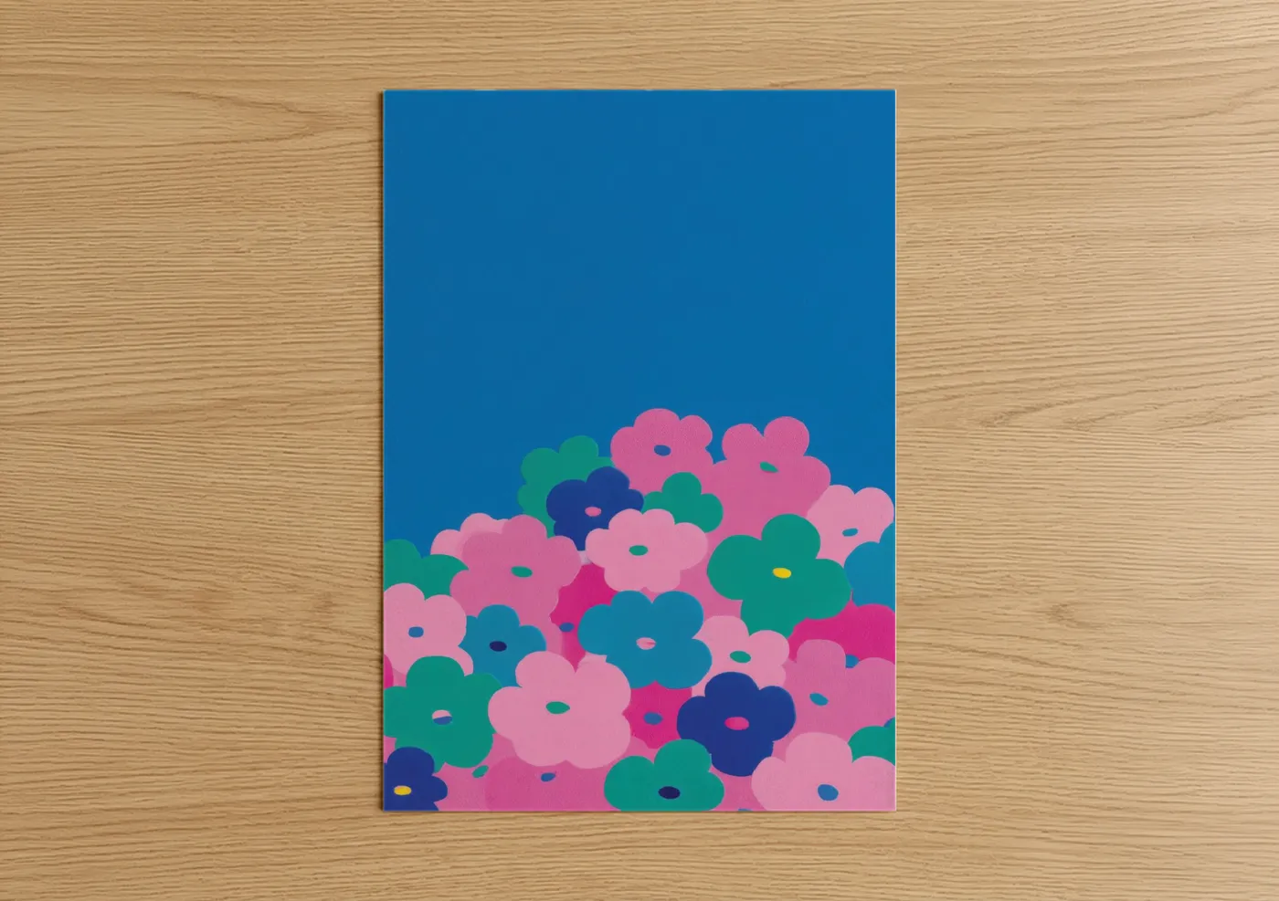 Abstract flower art print on warm oak wood — pink and teal palette — Colorful Abstract Blooms poster