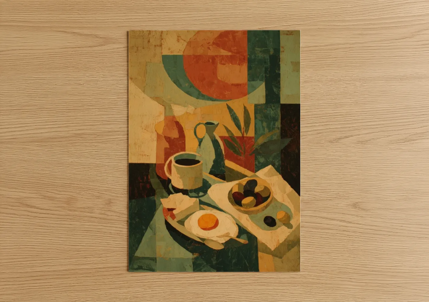 Art print on warm oak wood — orange and dark green palette — Cubist Breakfast poster
