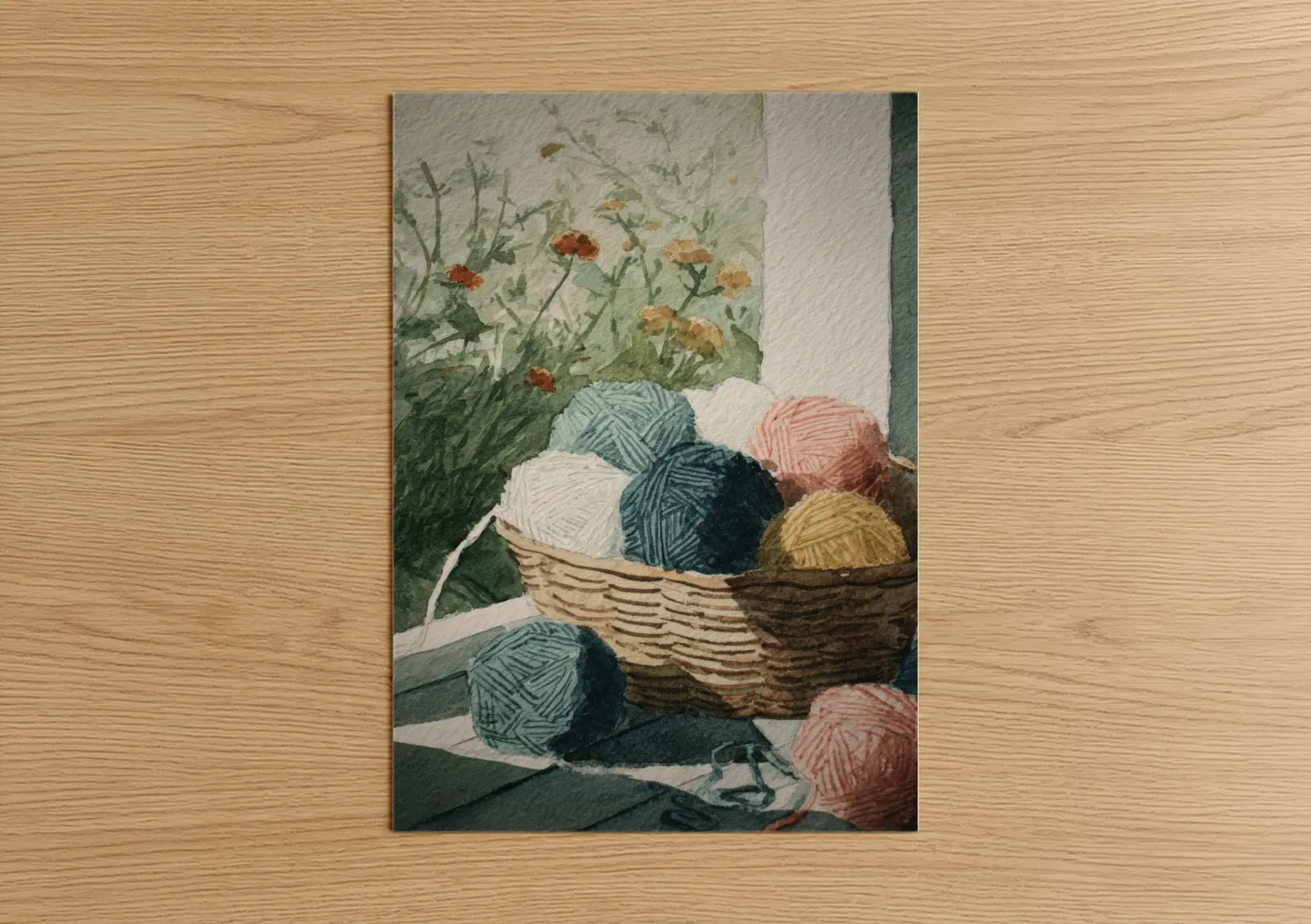 Knitting and sewing art print on warm oak wood — sage green and peach palette — Yarn Basket Garden poster