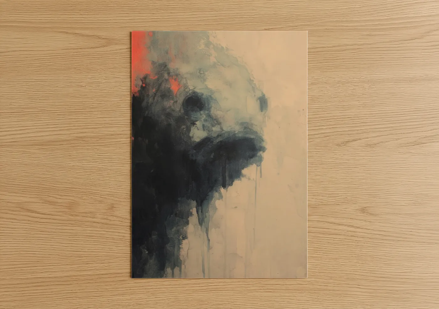 Art print on warm oak wood — peach and gray palette — Moody Bass Portrait poster
