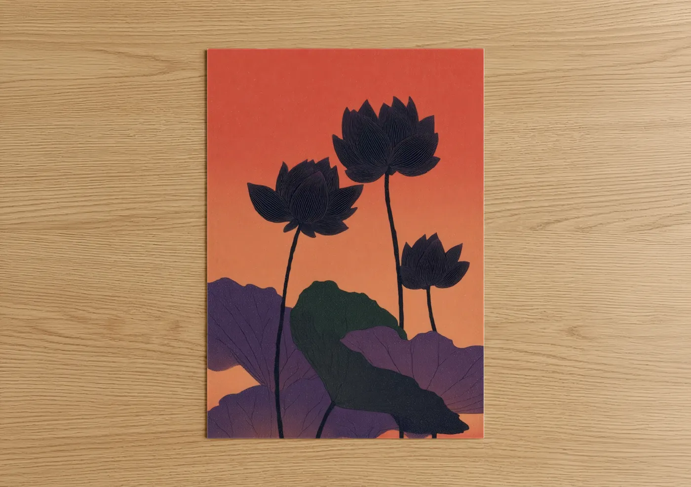 Art print on warm oak wood — orange and purple palette — Sunset Lotus poster
