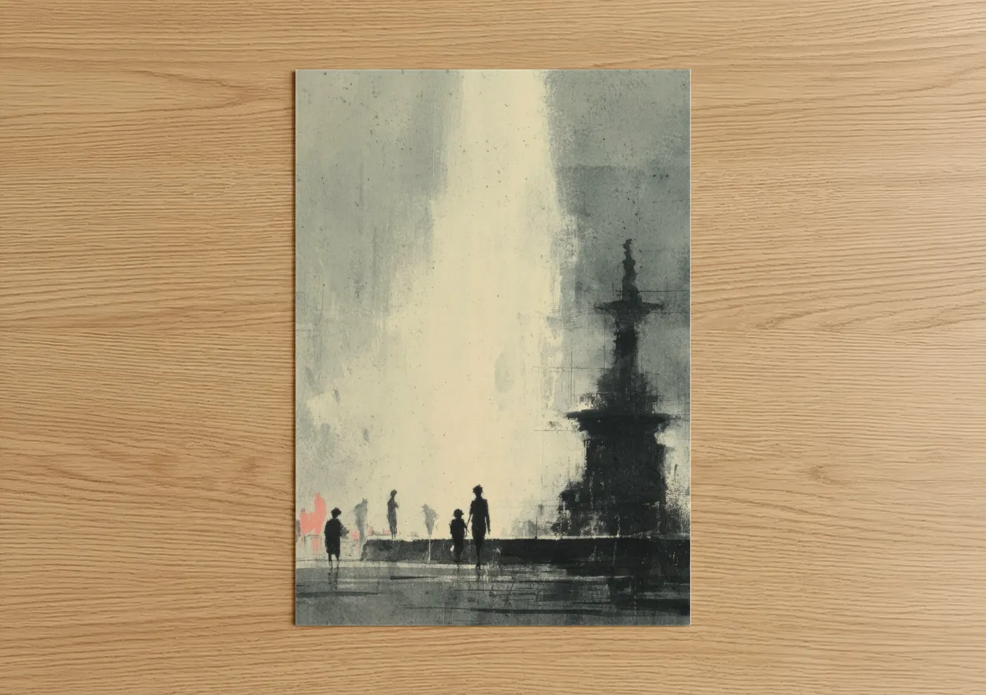 Fountains art print on warm oak wood — gray and cream palette — Misty Fountain Plaza poster