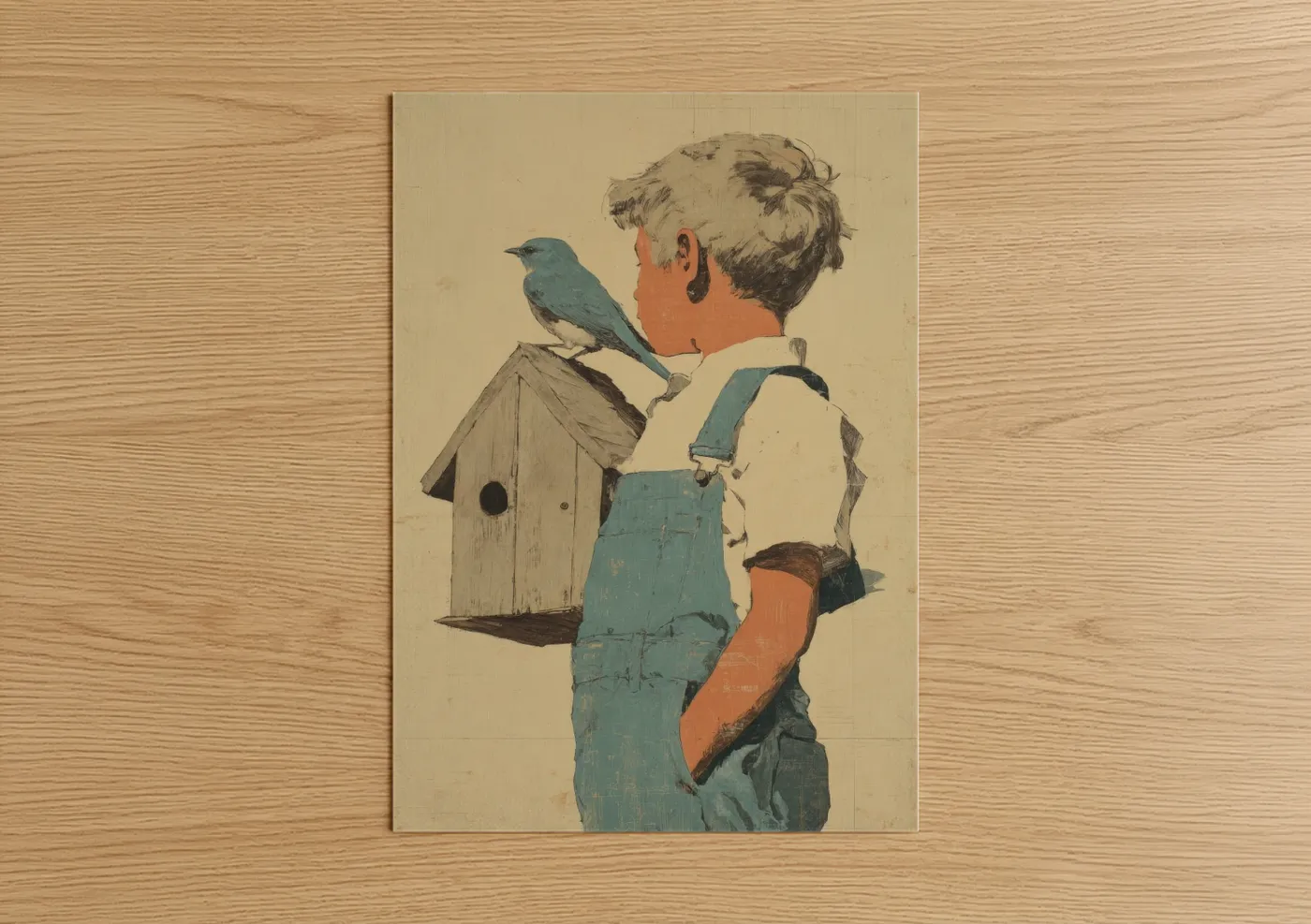 Child with Blue Bird Vintage Illustration Wall Art