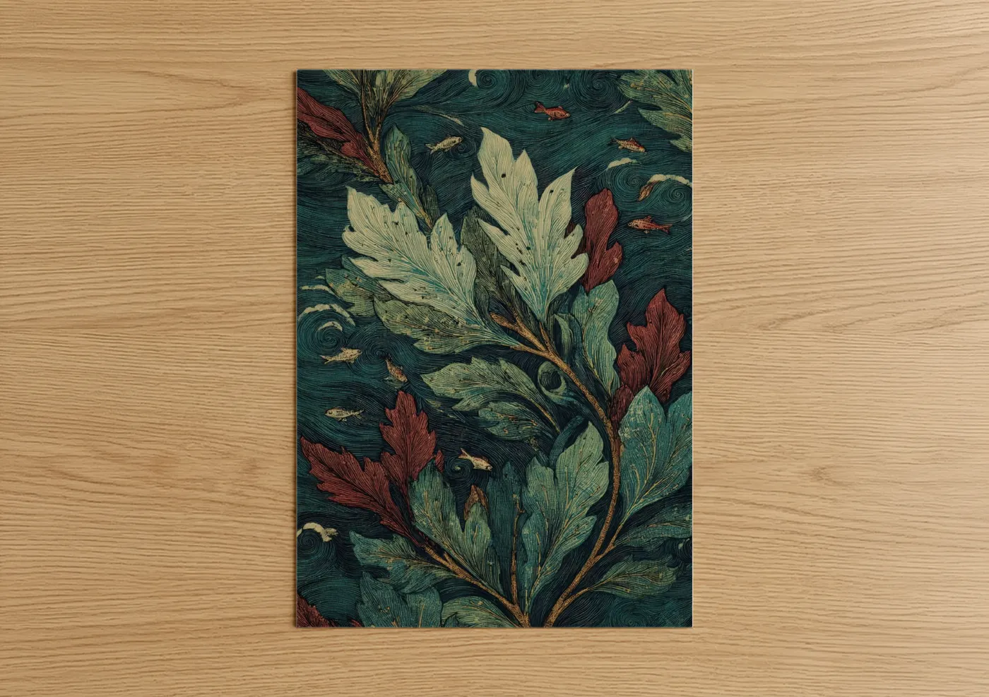 Art print on warm oak wood — teal and cream palette — Crimson Mangrove poster