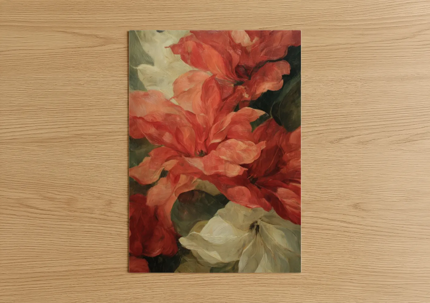 Art print on warm oak wood — red and cream palette — Crimson Poinsettias poster